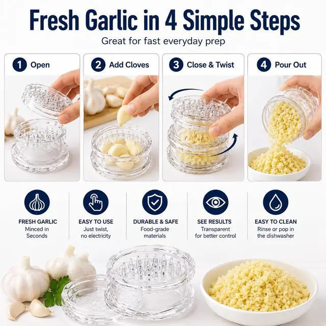 Alt view image 5 of 7 - Transparent Manual Garlic Twister & Mincer, 2-Pack Multi-Functional Grinder for Garlic, Onion, Ginger, Herbs, Nuts, Impact Resistant Kitchen Gadget