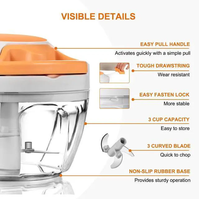 Alt view image 6 of 7 - Manual Food Processor & Vegetable Chopper, Hand Pull String Garlic Mincer Onion Chopper Dicer for Salsa Pesto Guacamole, 3 Stainless Steel Blades, 500ml White
