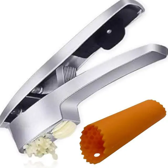 Main image of Garlic Press and Slicer 2 in 1 with Built-In Cleaner and Silicone Peeler, Convenient Kitchen Tool for Effortless Mincing and Slicing w/Bonus Garlic Peeler, Durable and Dishwasher Safe Aluminum Alloy
