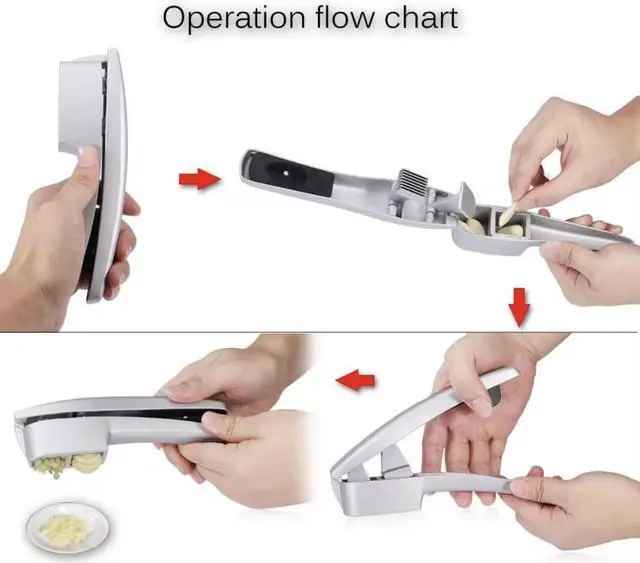 Alt view image 3 of 6 - Garlic Press and Slicer 2 in 1 with Built-In Cleaner and Silicone Peeler, Convenient Kitchen Tool for Effortless Mincing and Slicing w/Bonus Garlic Peeler, Durable and Dishwasher Safe Aluminum Alloy