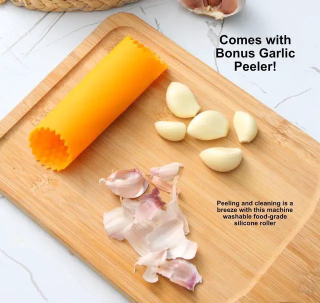 Alt view image 6 of 6 - Garlic Press and Slicer 2 in 1 with Built-In Cleaner and Silicone Peeler, Convenient Kitchen Tool for Effortless Mincing and Slicing w/Bonus Garlic Peeler, Durable and Dishwasher Safe Aluminum Alloy