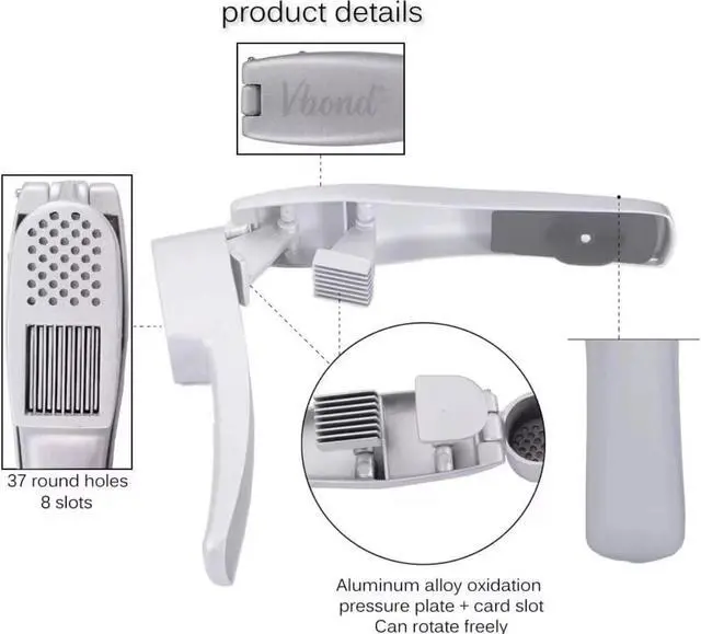 Alt view image 2 of 6 - Garlic Press and Slicer 2 in 1 with Built-In Cleaner and Silicone Peeler, Convenient Kitchen Tool for Effortless Mincing and Slicing w/Bonus Garlic Peeler, Durable and Dishwasher Safe Aluminum Alloy