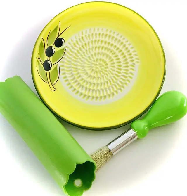 Alt view image 2 of 7 - All-in-one Premium Ceramic Garlic Grater Plate 4-Piece Set - Yellow Olive Design, Classic Style - For Garlic, Ginger, Chocolate, and more! - Comes with 5.25" Plate, Peeler, Brush, and Stand