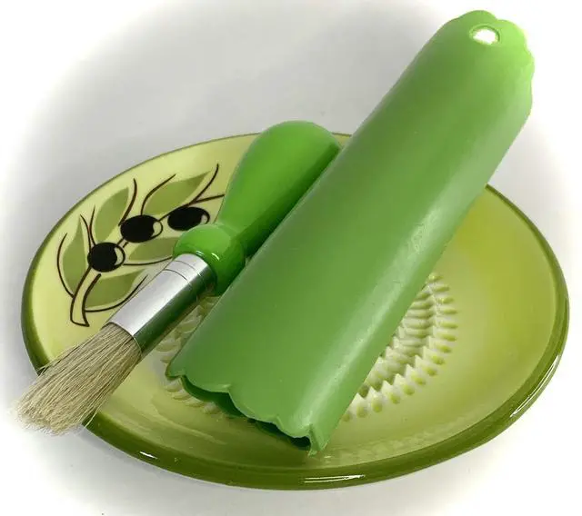 Alt view image 3 of 7 - All-in-one Premium Ceramic Garlic Grater Plate 4-Piece Set - Yellow Olive Design, Classic Style - For Garlic, Ginger, Chocolate, and more! - Comes with 5.25" Plate, Peeler, Brush, and Stand