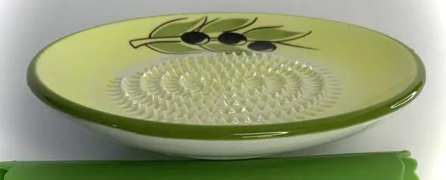 Alt view image 6 of 7 - All-in-one Premium Ceramic Garlic Grater Plate 4-Piece Set - Yellow Olive Design, Classic Style - For Garlic, Ginger, Chocolate, and more! - Comes with 5.25" Plate, Peeler, Brush, and Stand