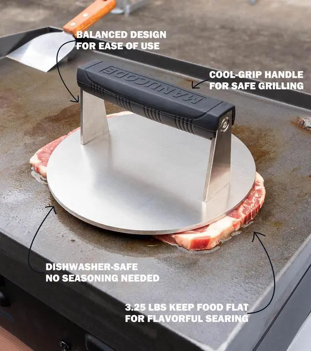 Alt view image 2 of 7 - Stainless Steel Burger Smasher 3.25 LB 8 Inch Steak Weight for Smash Burgers, Bacon, Sandwiches | Dishwasher Safe, Preheatable Protein Press with Silicone Handle | Commercial BBQ Tool