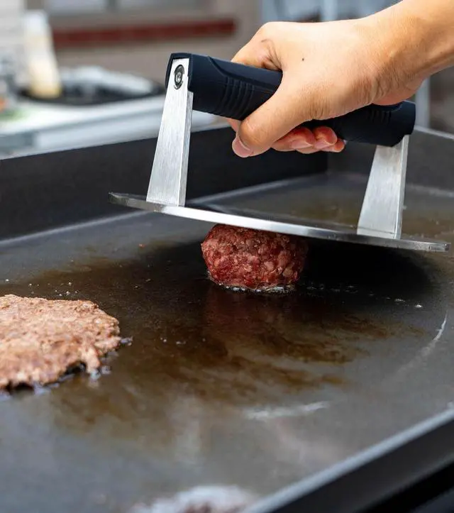Alt view image 3 of 7 - Stainless Steel Burger Smasher 3.25 LB 8 Inch Steak Weight for Smash Burgers, Bacon, Sandwiches | Dishwasher Safe, Preheatable Protein Press with Silicone Handle | Commercial BBQ Tool