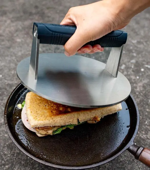 Alt view image 6 of 7 - Stainless Steel Burger Smasher 3.25 LB 8 Inch Steak Weight for Smash Burgers, Bacon, Sandwiches | Dishwasher Safe, Preheatable Protein Press with Silicone Handle | Commercial BBQ Tool