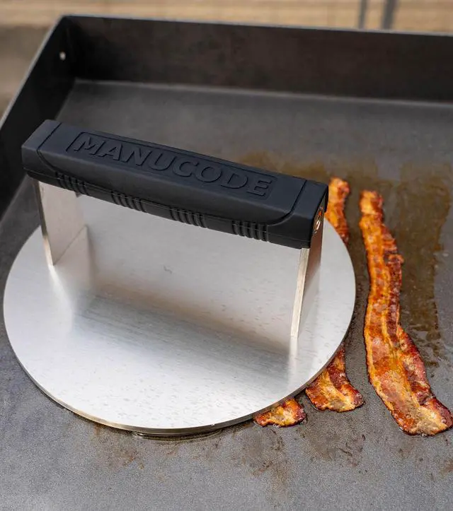 Alt view image 7 of 7 - Stainless Steel Burger Smasher 3.25 LB 8 Inch Steak Weight for Smash Burgers, Bacon, Sandwiches | Dishwasher Safe, Preheatable Protein Press with Silicone Handle | Commercial BBQ Tool