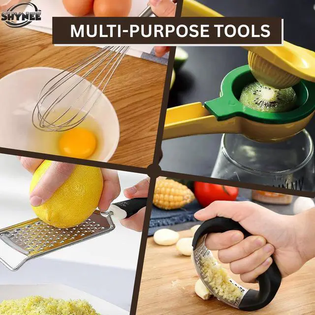 Alt view image 7 of 7 - 4PCs Kitchen Essentials Set Premium Quality Lemon Squeezer, Garlic Press, Stainless Steel Whisk, Multi-Use Grater, Cheese Grater Durable, Easy to Clean Cooking Tools Set for Everyday Meal Prep