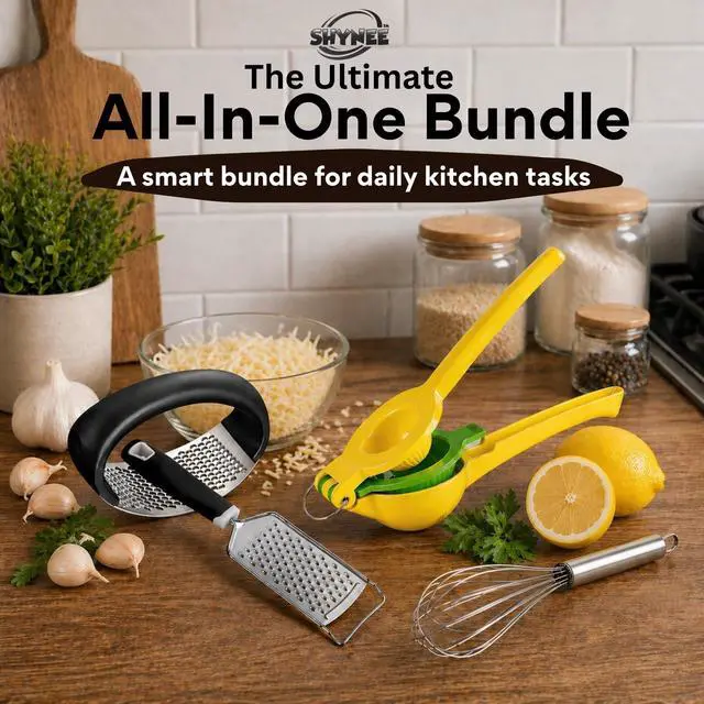 Alt view image 2 of 7 - 4PCs Kitchen Essentials Set Premium Quality Lemon Squeezer, Garlic Press, Stainless Steel Whisk, Multi-Use Grater, Cheese Grater Durable, Easy to Clean Cooking Tools Set for Everyday Meal Prep