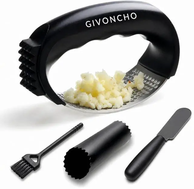 Main image of Garlic Press Rocker Set, Stainless Steel Garlic Crusher & Mincer Tool, Garlic Grinder with Peeler, Cleaning Brush and Spatula for Easy Garlic Mincing