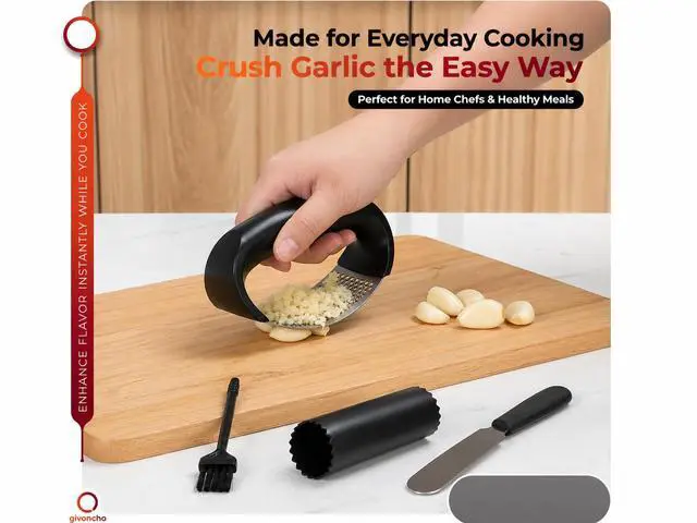 Alt view image 3 of 5 - Garlic Press Rocker Set, Stainless Steel Garlic Crusher & Mincer Tool, Garlic Grinder with Peeler, Cleaning Brush and Spatula for Easy Garlic Mincing