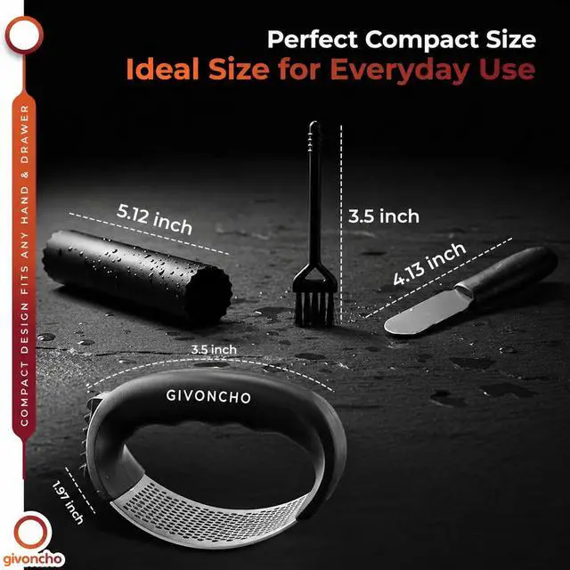 Alt view image 4 of 5 - Garlic Press Rocker Set, Stainless Steel Garlic Crusher & Mincer Tool, Garlic Grinder with Peeler, Cleaning Brush and Spatula for Easy Garlic Mincing