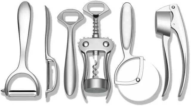 Main image of Kitchen Tool Set | 6 Piece Kitchen Utensil Set | Includes Y-Peeler, Peeler, Bottle Opener, Wine Opener, Pizza Cutter, and Garlic Press | Plastic-Free, Dishwasher Safe Gadget Essentials