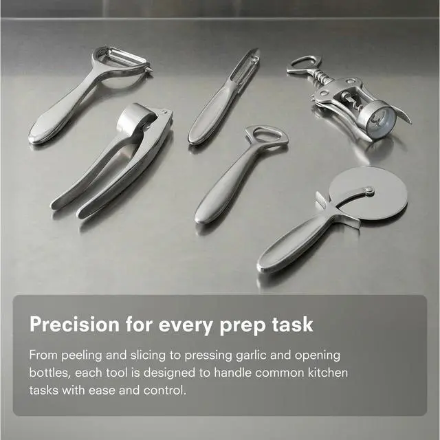 Alt view image 3 of 6 - Kitchen Tool Set | 6 Piece Kitchen Utensil Set | Includes Y-Peeler, Peeler, Bottle Opener, Wine Opener, Pizza Cutter, and Garlic Press | Plastic-Free, Dishwasher Safe Gadget Essentials