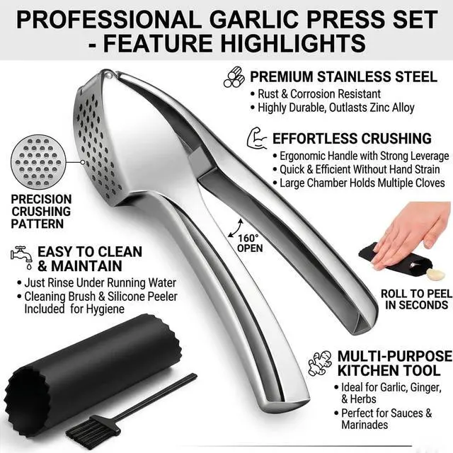 Alt view image 3 of 7 - Garlic Press Crusher & Mincer Heavy Duty Zinc Alloy Garlic Press, Ergonomic Easy Squeeze Handheld Garlic Crusher Tool, Rust Resistant Kitchen Garlic Mincer