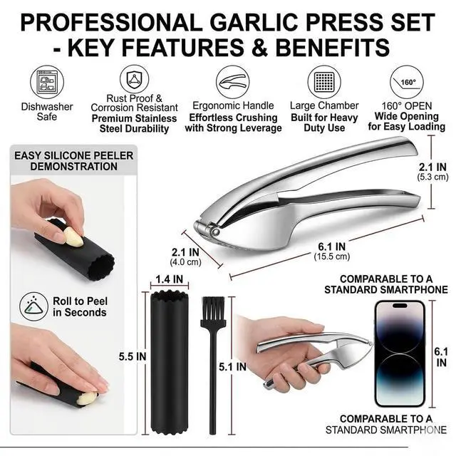 Alt view image 7 of 7 - Garlic Press Crusher & Mincer Heavy Duty Zinc Alloy Garlic Press, Ergonomic Easy Squeeze Handheld Garlic Crusher Tool, Rust Resistant Kitchen Garlic Mincer
