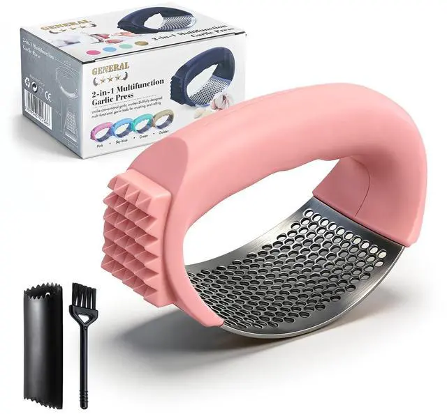 Main image of Garlic Press Rocker 304 Stainless Steel Garlic Mincer Crusher Easy to Clean Dishwasher Safe Textured End for Light Tenderizing, with Silicone Peeler and Cleaning Brush (Pink)