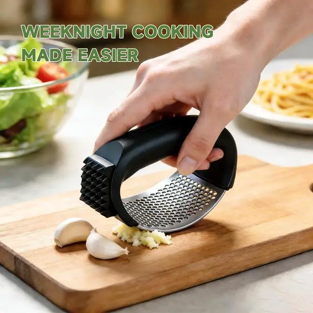 Alt view image 3 of 7 - Garlic Press Rocker 304 Stainless Steel Garlic Mincer Crusher Easy to Clean Dishwasher Safe Textured End for Light Tenderizing, with Silicone Peeler and Cleaning Brush (Pink)