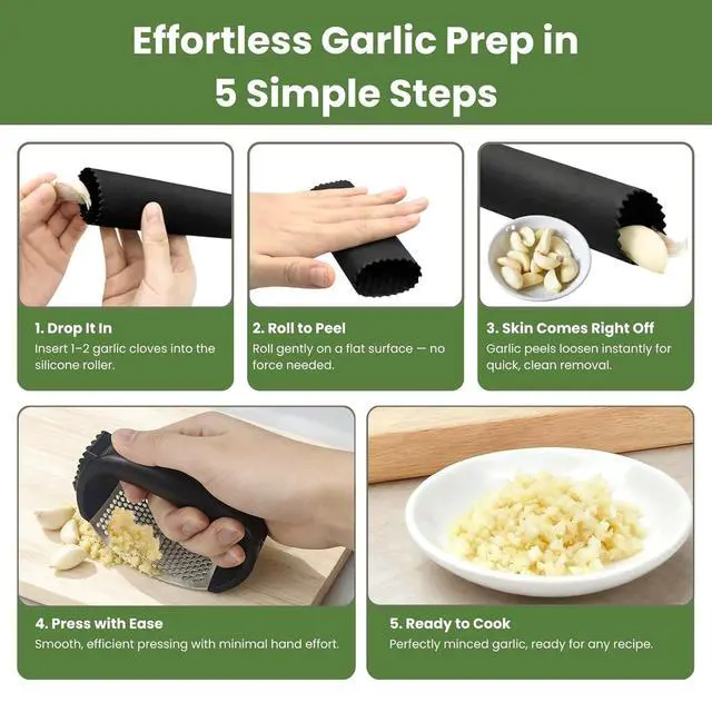 Alt view image 7 of 7 - Garlic Press Rocker 304 Stainless Steel Garlic Mincer Crusher Easy to Clean Dishwasher Safe Textured End for Light Tenderizing, with Silicone Peeler and Cleaning Brush (Pink)