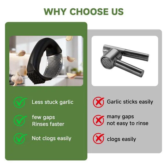 Alt view image 5 of 7 - Garlic Press Rocker 304 Stainless Steel Garlic Mincer Crusher Easy to Clean Dishwasher Safe Textured End for Light Tenderizing, with Silicone Peeler and Cleaning Brush (Pink)