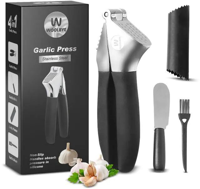 Main image of 4-in-1 Garlic Press Set - Stainless Steel Garlic Press, Garlic Press, Chopper, Grinder, Grater, Mincer with Peeler, Silicone Tube Roller, Brush and Knife - The Essential Garlic Mincing Kit