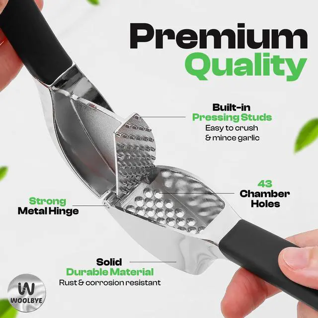 Alt view image 2 of 7 - 4-in-1 Garlic Press Set - Stainless Steel Garlic Press, Garlic Press, Chopper, Grinder, Grater, Mincer with Peeler, Silicone Tube Roller, Brush and Knife - The Essential Garlic Mincing Kit