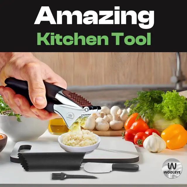 Alt view image 6 of 7 - 4-in-1 Garlic Press Set - Stainless Steel Garlic Press, Garlic Press, Chopper, Grinder, Grater, Mincer with Peeler, Silicone Tube Roller, Brush and Knife - The Essential Garlic Mincing Kit