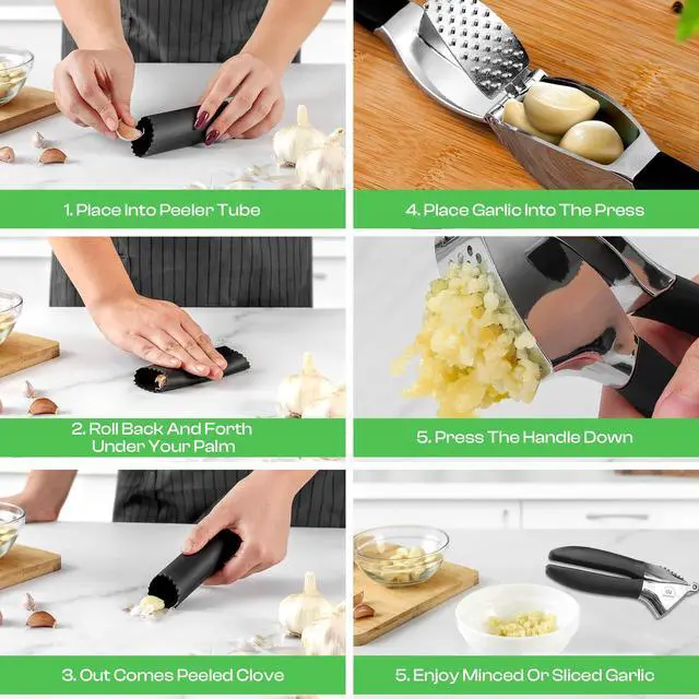Alt view image 5 of 7 - 4-in-1 Garlic Press Set - Stainless Steel Garlic Press, Garlic Press, Chopper, Grinder, Grater, Mincer with Peeler, Silicone Tube Roller, Brush and Knife - The Essential Garlic Mincing Kit
