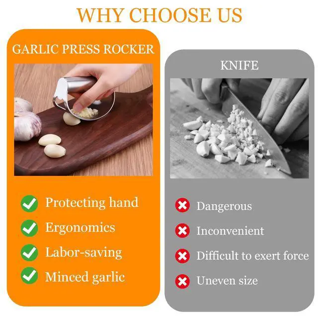 Alt view image 6 of 7 - Garlic Press Rocker,Stainless Steel Garlic Mincer,Garlic Crusher w/Ergonomic Handle,Built-in Bottle Opener,Garlic Chooper with Peeler&Cleaning Brush,Essentials Kitchen Gadgets for Effortless Smashing