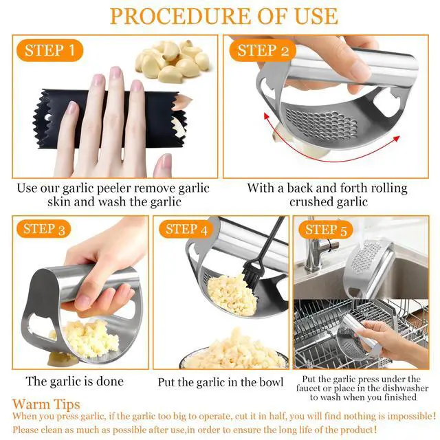 Alt view image 3 of 7 - Garlic Press Rocker,Stainless Steel Garlic Mincer,Garlic Crusher w/Ergonomic Handle,Built-in Bottle Opener,Garlic Chooper with Peeler&Cleaning Brush,Essentials Kitchen Gadgets for Effortless Smashing
