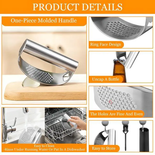Alt view image 5 of 7 - Garlic Press Rocker,Stainless Steel Garlic Mincer,Garlic Crusher w/Ergonomic Handle,Built-in Bottle Opener,Garlic Chooper with Peeler&Cleaning Brush,Essentials Kitchen Gadgets for Effortless Smashing