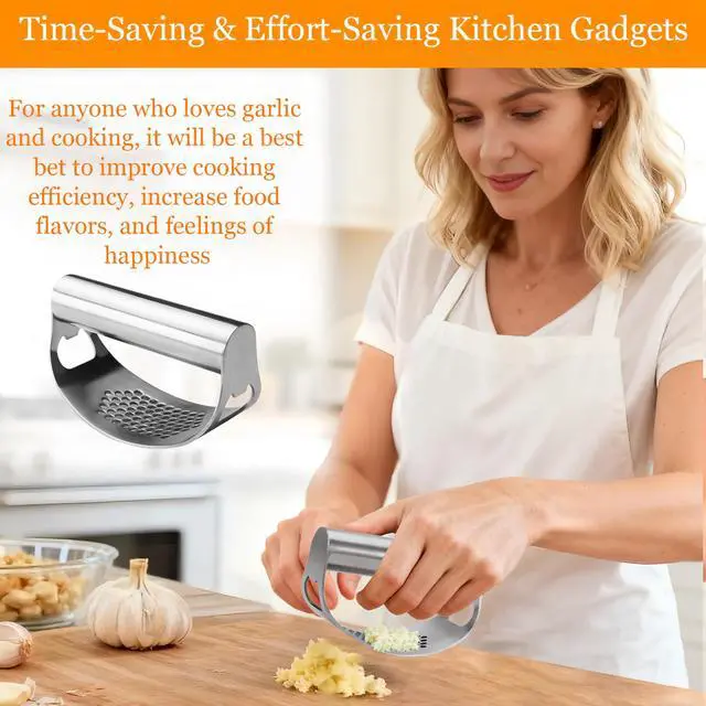 Alt view image 2 of 7 - Garlic Press Rocker,Stainless Steel Garlic Mincer,Garlic Crusher w/Ergonomic Handle,Built-in Bottle Opener,Garlic Chooper with Peeler&Cleaning Brush,Essentials Kitchen Gadgets for Effortless Smashing