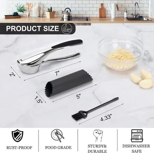 Alt view image 2 of 7 - Professional Garlic Mincer Tool - Easy-Squeeze, Easy-Clean with Soft, Ergonomic Handle - Silicone Garlic Peeler & Brush
