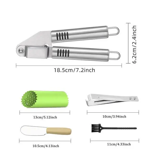 Alt view image 5 of 7 - Garlic Press and Peel Set Stainless Steel- Rust Proof Garlic Mincer Tool - Easy-Squeeze, Easy-Clean Silicone Garlic Peeler & Brush (Green)