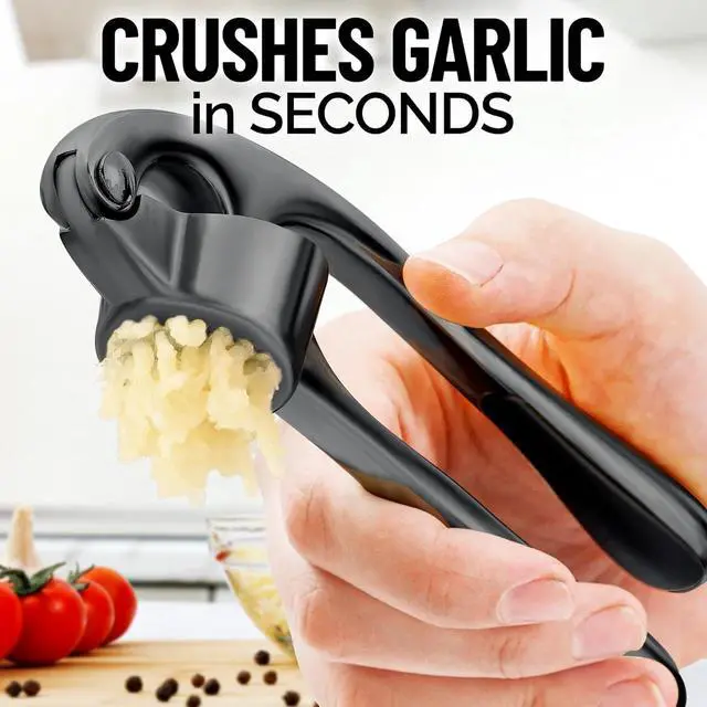 Alt view image 3 of 7 - Premium Garlic Press Set - Rust Proof Professional Garlic Mincer Tool - Easy-Squeeze, Easy-Clean with Soft, Ergonomic Handle - Silicone Garlic Peeler & Brush-Dark Gray