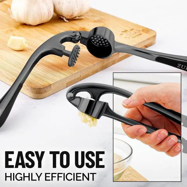 Alt view image 4 of 7 - Premium Garlic Press Set - Rust Proof Professional Garlic Mincer Tool - Easy-Squeeze, Easy-Clean with Soft, Ergonomic Handle - Silicone Garlic Peeler & Brush-Dark Gray