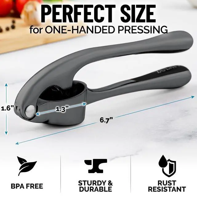 Alt view image 2 of 7 - Premium Garlic Press Set - Rust Proof Professional Garlic Mincer Tool - Easy-Squeeze, Easy-Clean with Soft, Ergonomic Handle - Silicone Garlic Peeler & Brush-Dark Gray