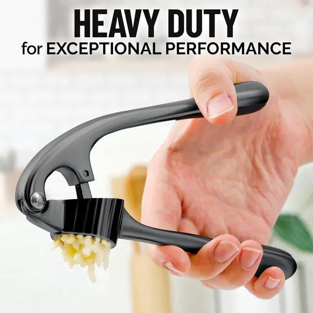 Alt view image 5 of 7 - Premium Garlic Press Set - Rust Proof Professional Garlic Mincer Tool - Easy-Squeeze, Easy-Clean with Soft, Ergonomic Handle - Silicone Garlic Peeler & Brush-Dark Gray