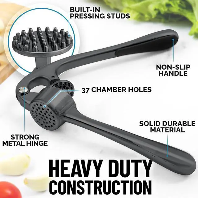 Alt view image 6 of 7 - Premium Garlic Press Set - Rust Proof Professional Garlic Mincer Tool - Easy-Squeeze, Easy-Clean with Soft, Ergonomic Handle - Silicone Garlic Peeler & Brush-Dark Gray