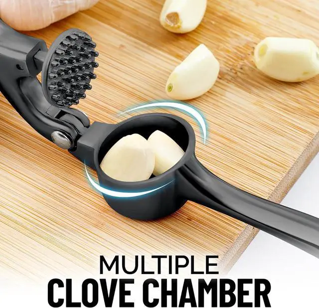 Alt view image 7 of 7 - Premium Garlic Press Set - Rust Proof Professional Garlic Mincer Tool - Easy-Squeeze, Easy-Clean with Soft, Ergonomic Handle - Silicone Garlic Peeler & Brush-Dark Gray