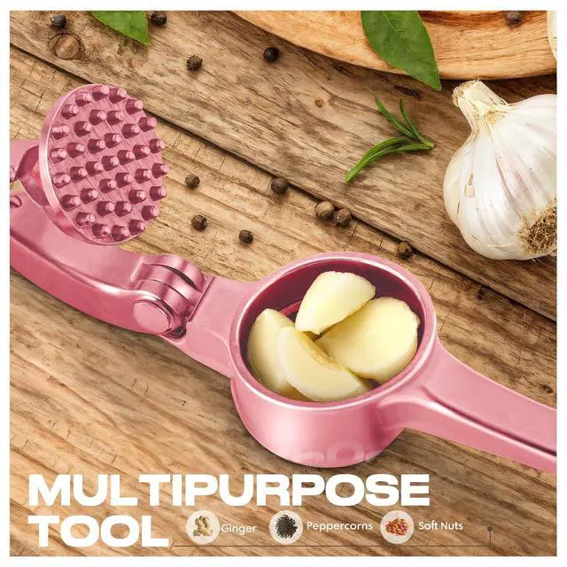 Alt view image 6 of 7 - Kitchen Garlic Press, Rust Proof & Dishwasher Safe Garlic Mincer, Durable Garlic Crusher Set with PeelerBrush, Easy to Clean and Squeeze, Rose