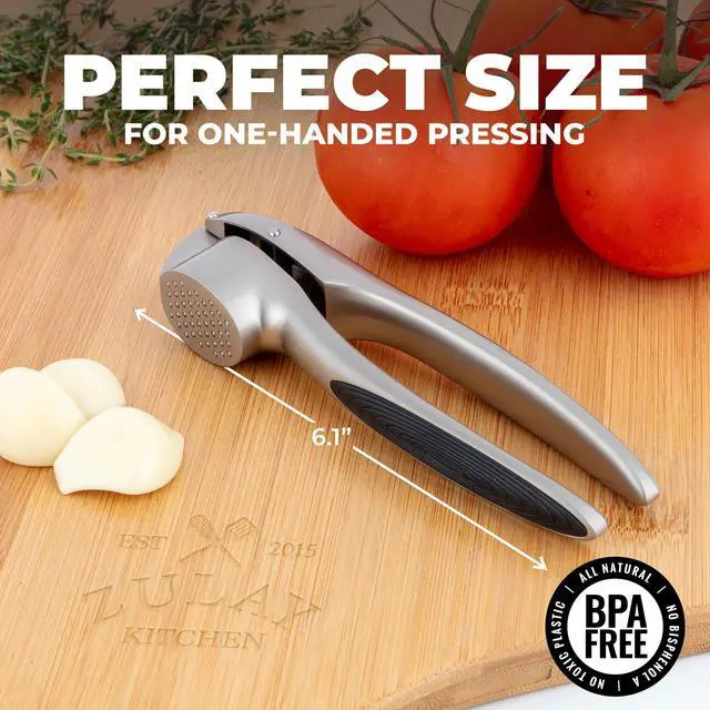 Alt view image 2 of 7 - Premium Garlic Press Set Rust Proof & Dishwasher Safe Garlic Mincer Tool with Silicone Garlic Peeler & Brush, Easy Squeeze & Clean, Ergonomic Soft Grip Handle - Medium Silver