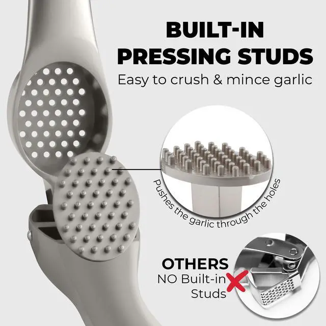 Alt view image 3 of 7 - Premium Garlic Press Set Rust Proof & Dishwasher Safe Garlic Mincer Tool with Silicone Garlic Peeler & Brush, Easy Squeeze & Clean, Ergonomic Soft Grip Handle - Medium Silver