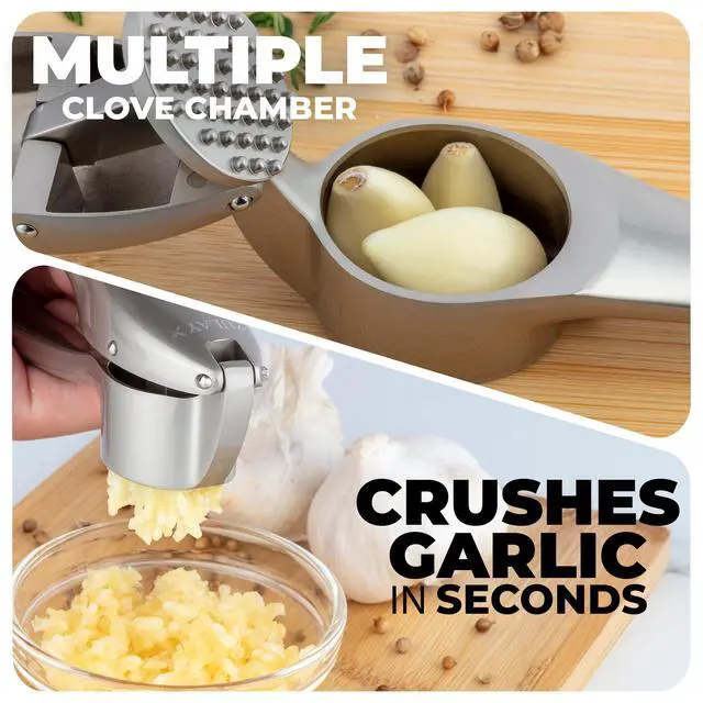 Alt view image 4 of 7 - Premium Garlic Press Set Rust Proof & Dishwasher Safe Garlic Mincer Tool with Silicone Garlic Peeler & Brush, Easy Squeeze & Clean, Ergonomic Soft Grip Handle - Medium Silver