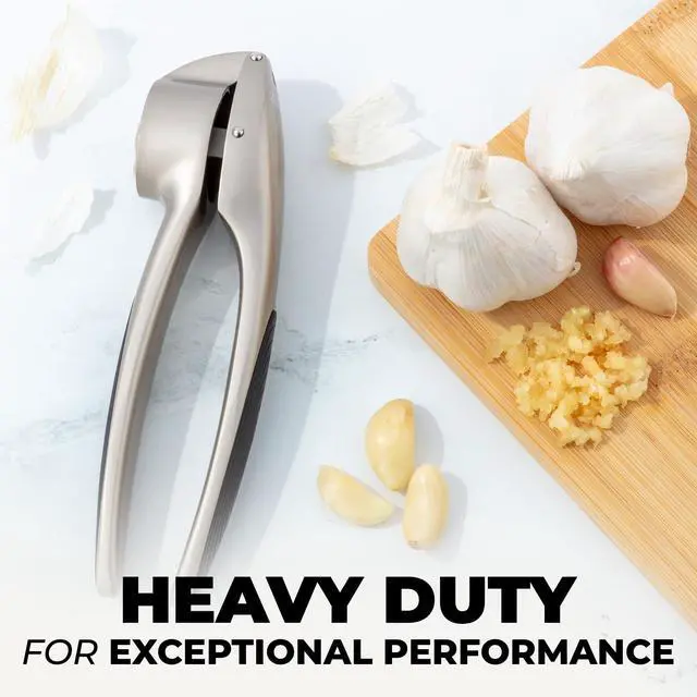Alt view image 5 of 7 - Premium Garlic Press Set Rust Proof & Dishwasher Safe Garlic Mincer Tool with Silicone Garlic Peeler & Brush, Easy Squeeze & Clean, Ergonomic Soft Grip Handle - Medium Silver