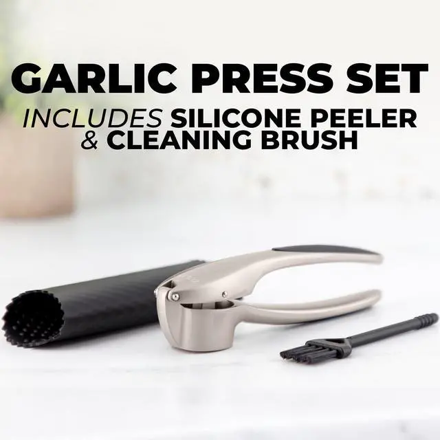 Alt view image 6 of 7 - Premium Garlic Press Set Rust Proof & Dishwasher Safe Garlic Mincer Tool with Silicone Garlic Peeler & Brush, Easy Squeeze & Clean, Ergonomic Soft Grip Handle - Medium Silver