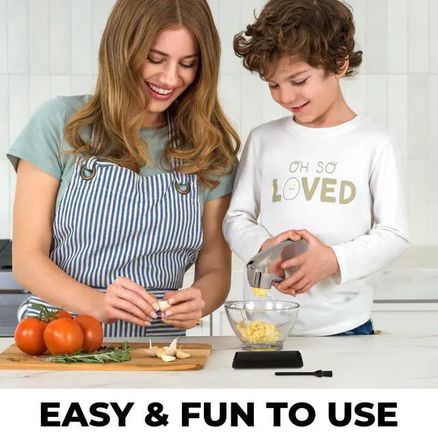 Alt view image 7 of 7 - Premium Garlic Press Set Rust Proof & Dishwasher Safe Garlic Mincer Tool with Silicone Garlic Peeler & Brush, Easy Squeeze & Clean, Ergonomic Soft Grip Handle - Medium Silver