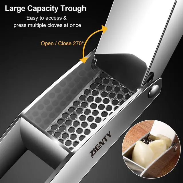 Alt view image 5 of 6 - Garlic Press Stainless SteelPremium Garlic Mincer ToolNo Need to Peel Garlic Ginger Crusher & Masher Easy Squeeze Large Trough Ergonomic HandleRust ProofDishwasher Safe (5 Years Warranty)